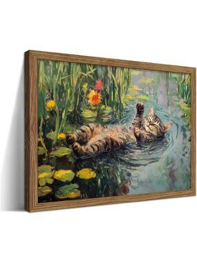 Framed Cat Wall Art - Funny Impressionist Floral Canvas Print for Home Decor